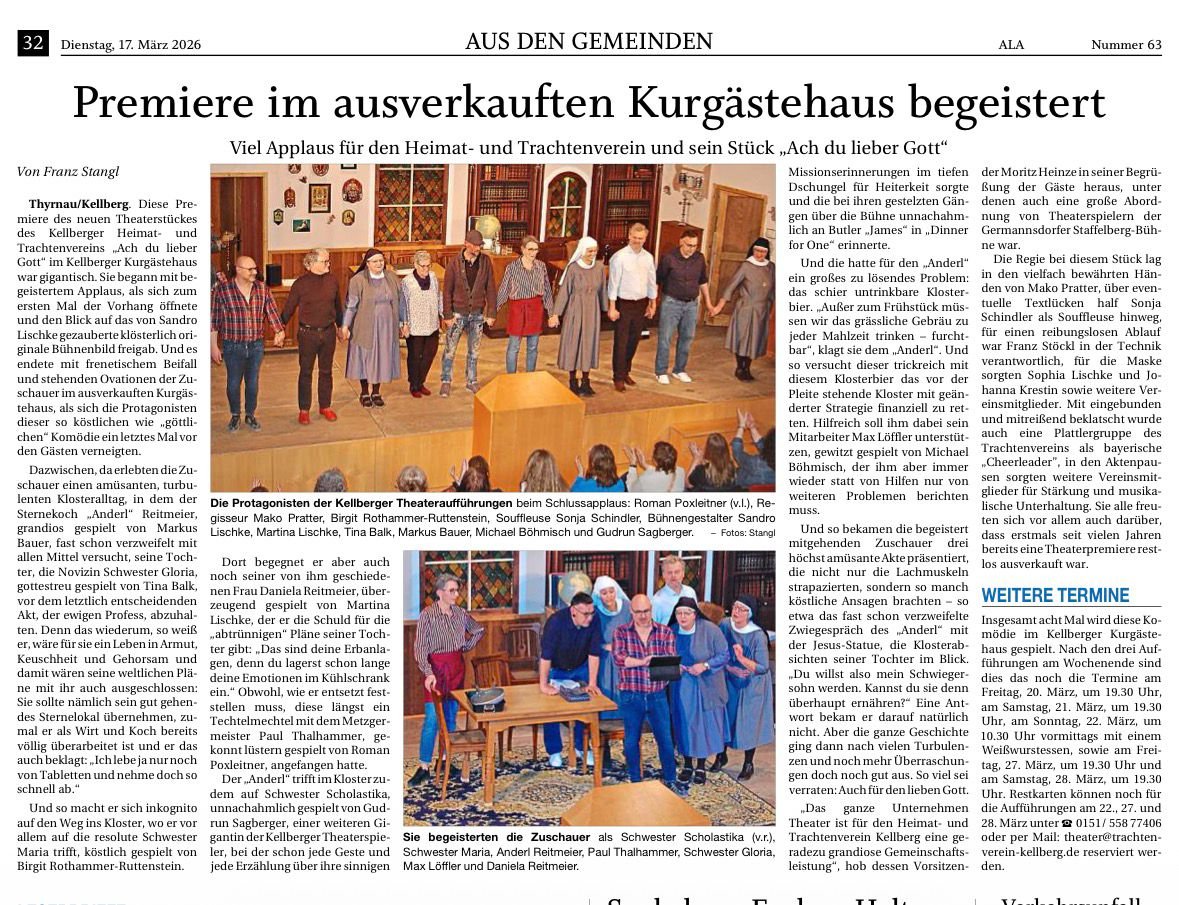 Zeitungsbericht Premiere Ach du lieber Gott 2026